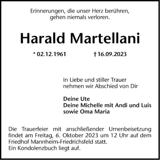Traueranzeige von Harald Martellani von Mannheimer Morgen