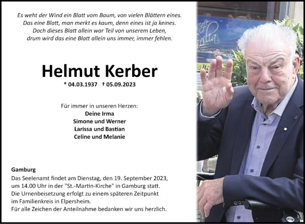  Traueranzeige für Helmut Kerber vom 16.09.2023 aus Fränkische Nachrichten