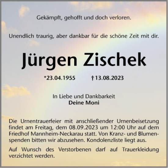 Traueranzeige von Jürgen Zischek von Mannheimer Morgen