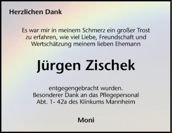 Traueranzeige von Jürgen Zischek von Mannheimer Morgen