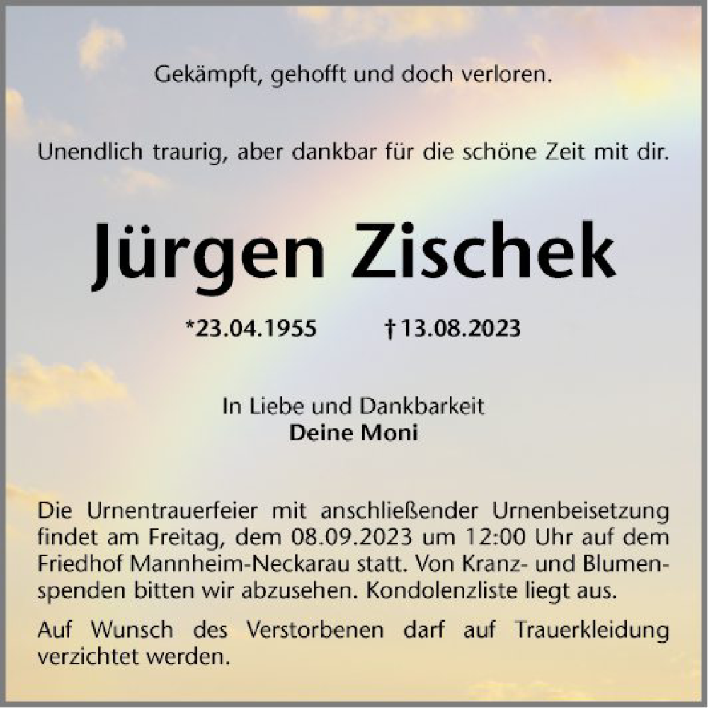  Traueranzeige für Jürgen Zischek vom 02.09.2023 aus Mannheimer Morgen