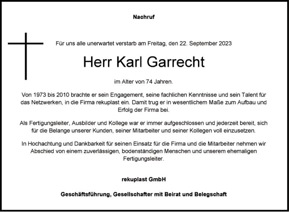  Traueranzeige für Karl Garrecht vom 26.09.2023 aus Fränkische Nachrichten