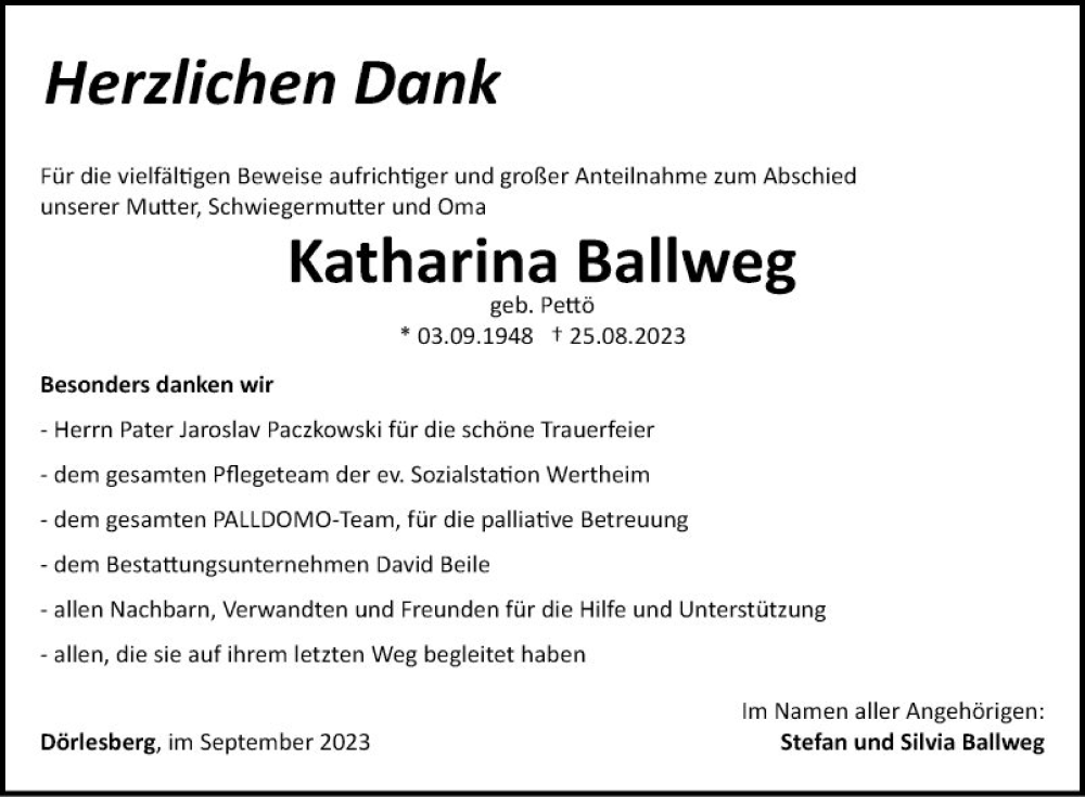  Traueranzeige für Katharina Ballweg vom 13.09.2023 aus Fränkische Nachrichten