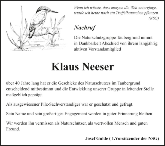 Traueranzeige von Klaus Neeser von Fränkische Nachrichten
