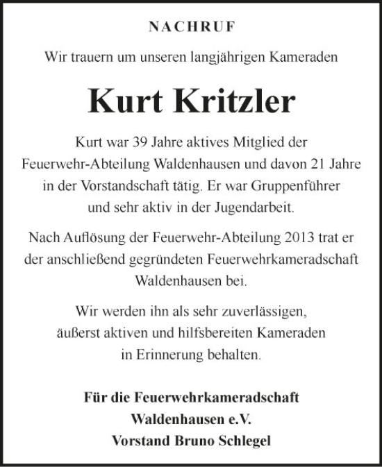 Traueranzeige von Kurt Kritzler von Fränkische Nachrichten