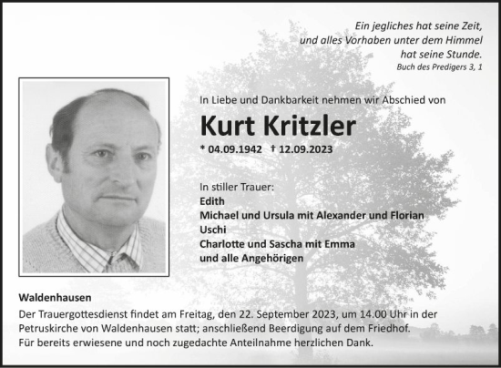Traueranzeige von Kurt Kritzler von Fränkische Nachrichten