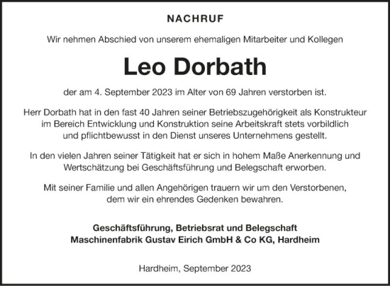 Traueranzeige von Leo Dorbath von Fränkische Nachrichten