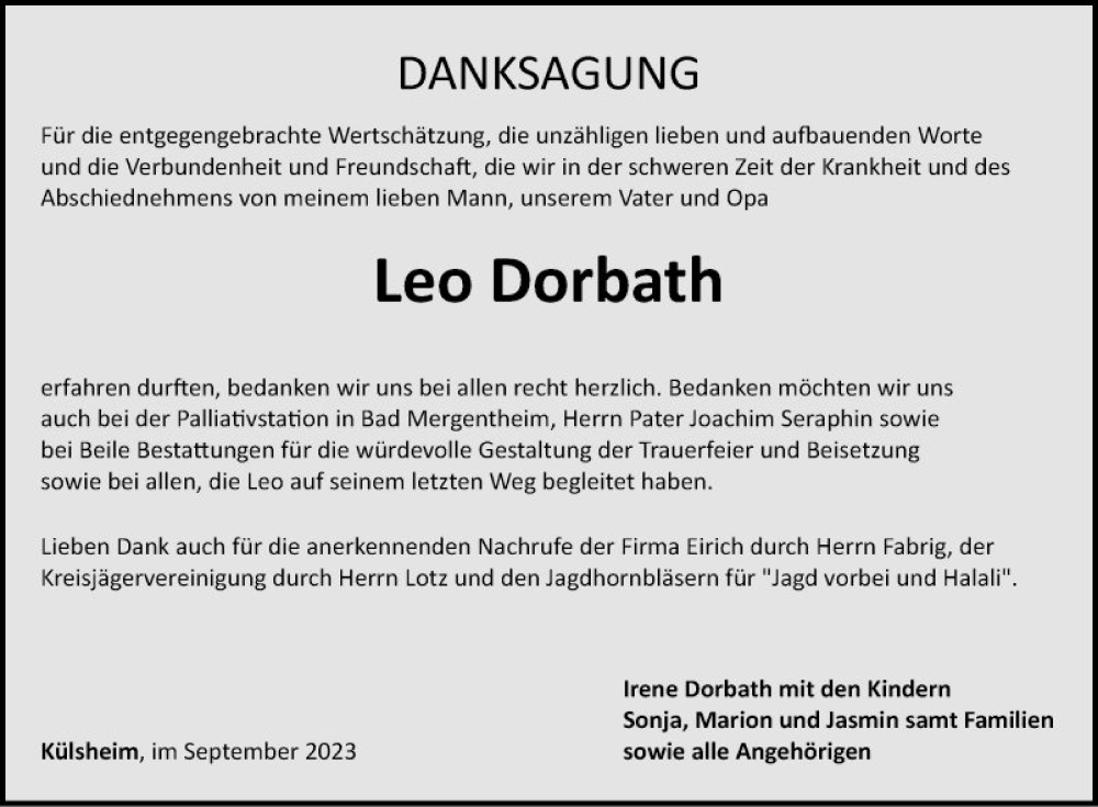  Traueranzeige für Leo Dorbath vom 23.09.2023 aus Fränkische Nachrichten