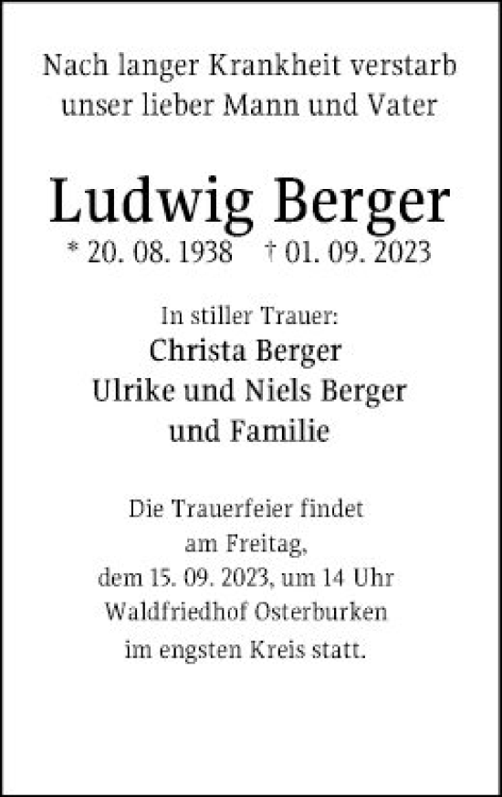 Traueranzeige von Ludwig Karl Berger von Fränkische Nachrichten