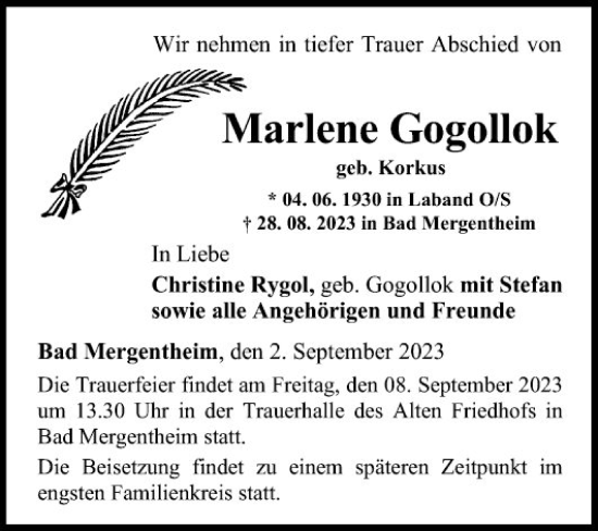 Traueranzeige von Marlene Gogollok von Fränkische Nachrichten