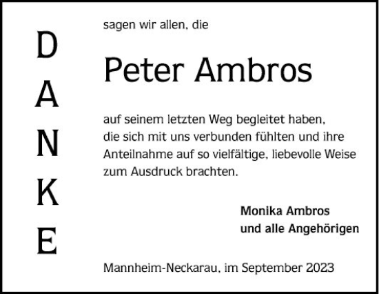 Traueranzeige von Peter Ambros von Mannheimer Morgen