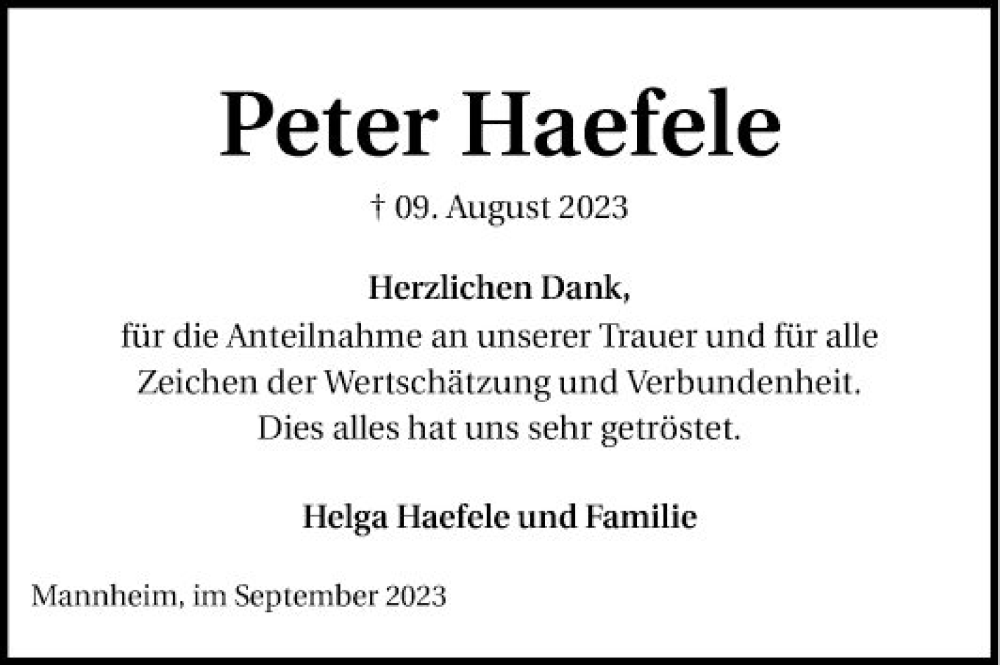  Traueranzeige für Peter Haefele vom 16.09.2023 aus Mannheimer Morgen