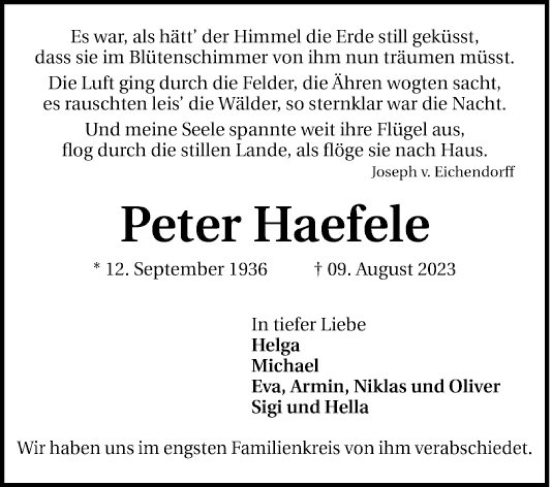 Traueranzeige von Peter Haefele von Mannheimer Morgen