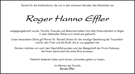 Traueranzeige von Roger Hanno Effler von Mannheimer Morgen