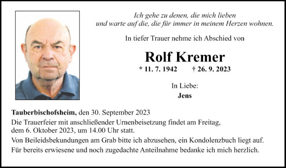  Traueranzeige für Rolf Kremer vom 30.09.2023 aus Fränkische Nachrichten