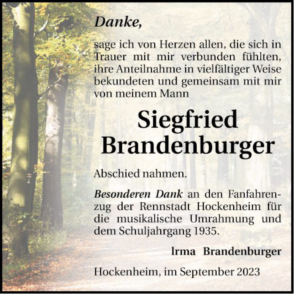  Traueranzeige für Siegfried Brandenburger vom 08.09.2023 aus Schwetzinger Zeitung