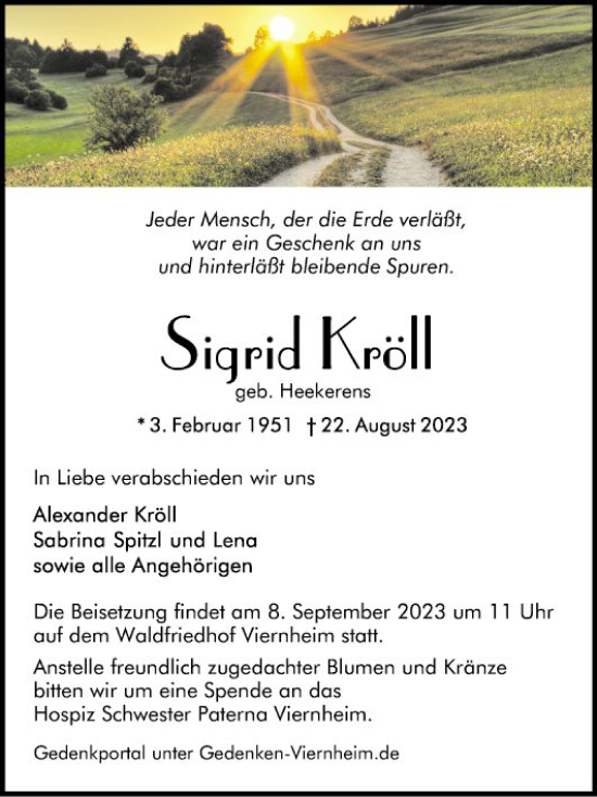 Traueranzeige von Sigrid Kröll von Mannheimer Morgen