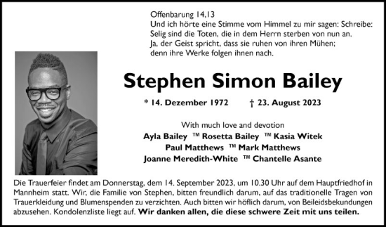 Traueranzeige von Stephen Simon Bailey von Mannheimer Morgen