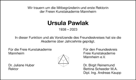 Traueranzeige von Ursula Pawlak von Mannheimer Morgen