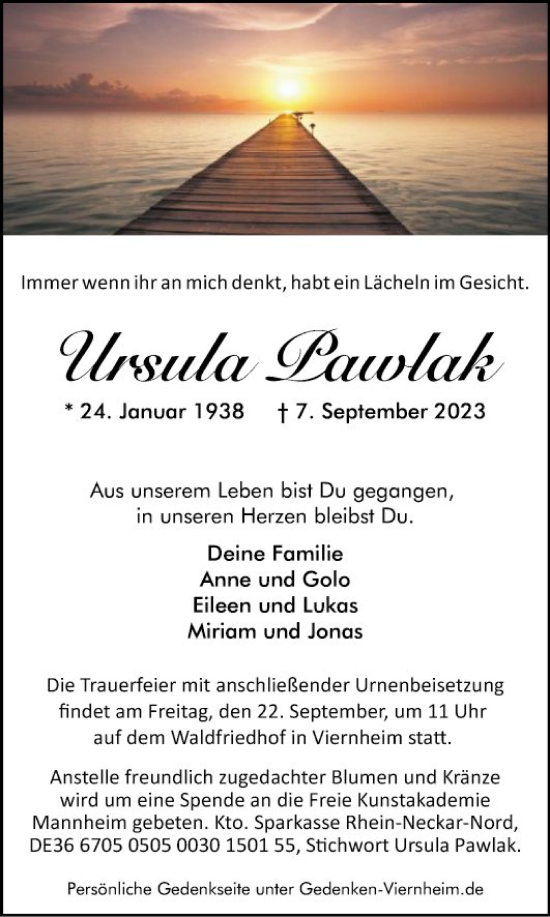 Traueranzeige von Ursula Pawlak von Mannheimer Morgen