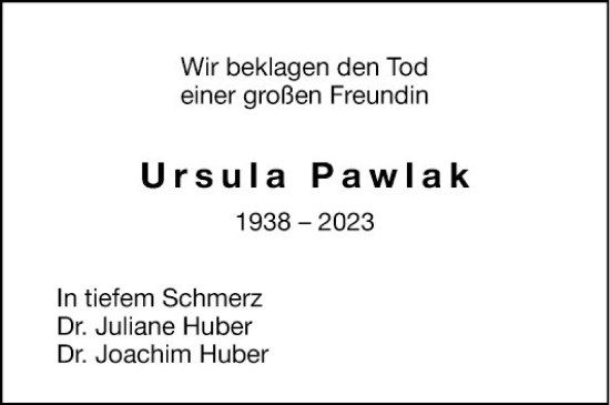 Traueranzeige von Ursula Pawlak von Mannheimer Morgen