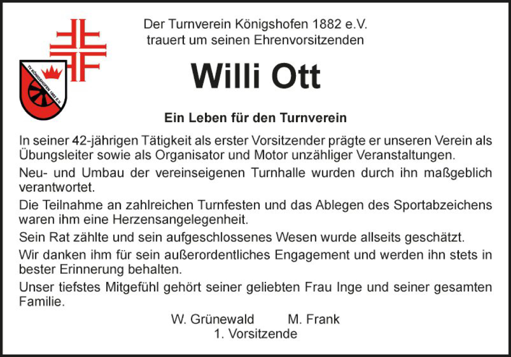  Traueranzeige für Willi Ott vom 30.09.2023 aus Fränkische Nachrichten