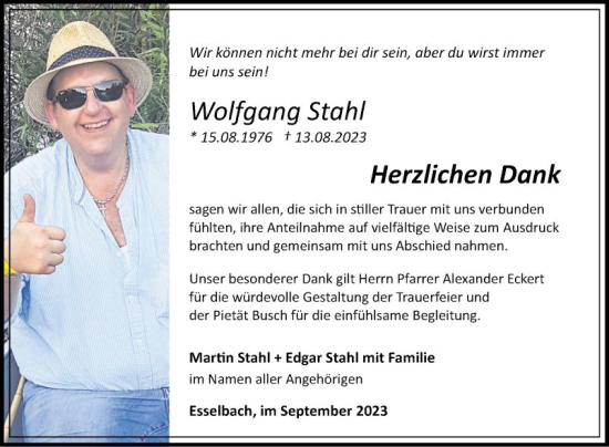Traueranzeige von Wolfgang Stahl von Fränkische Nachrichten