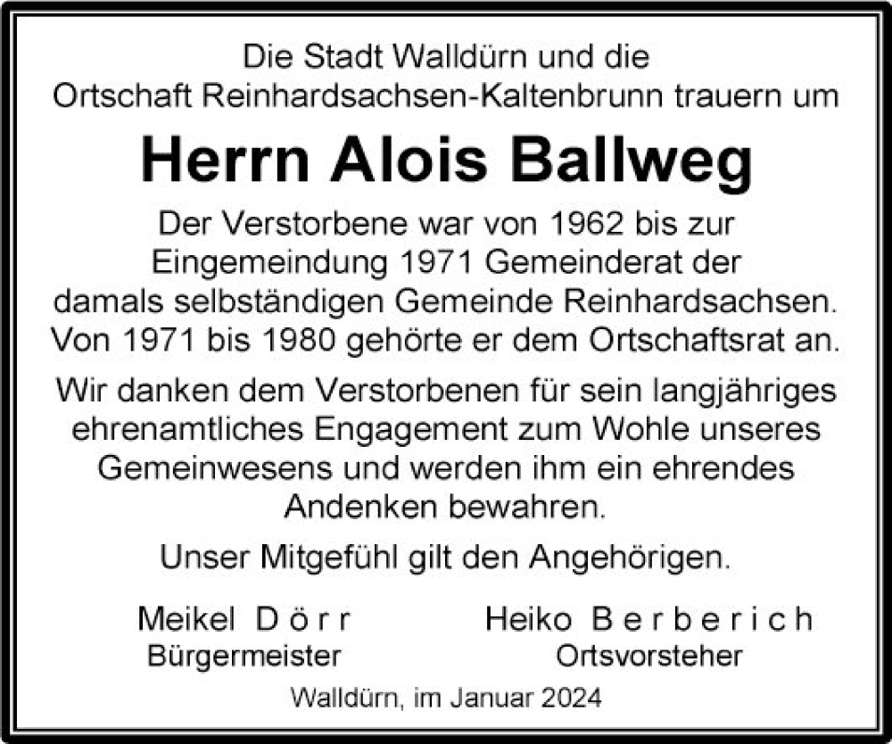  Traueranzeige für Alois Ballweg vom 10.01.2024 aus Fränkische Nachrichten