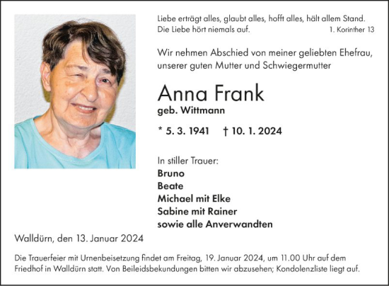 Traueranzeige von Anna Frank von Fränkische Nachrichten