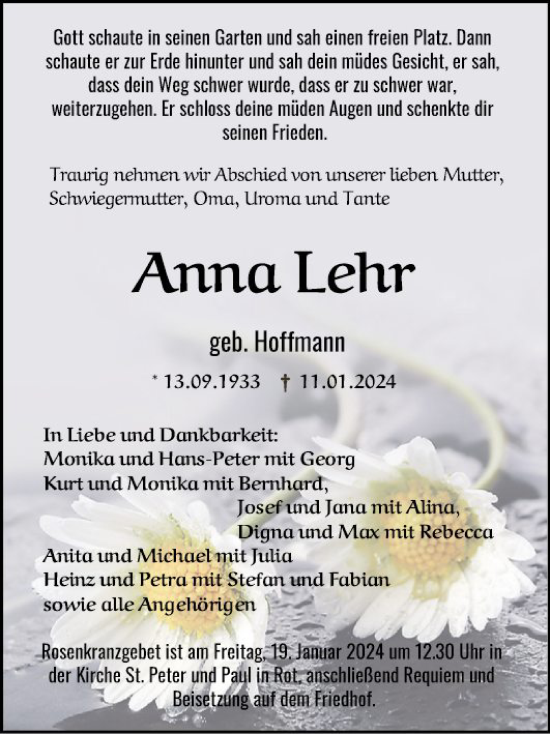 Traueranzeige von Anna Lehr von Fränkische Nachrichten