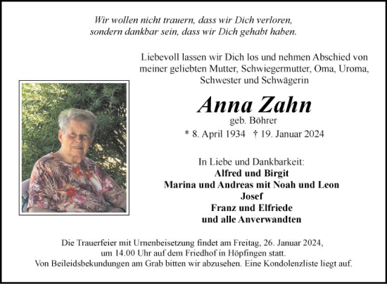 Traueranzeige von Anna Zahn von Fränkische Nachrichten