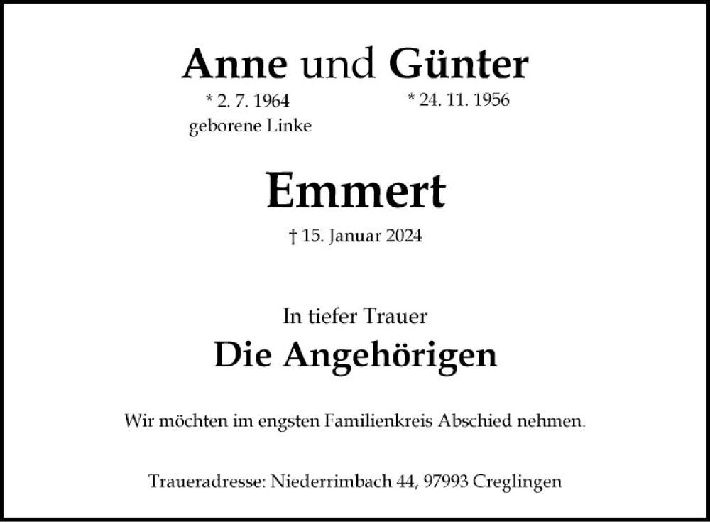  Traueranzeige für Anne Emmert vom 23.01.2024 aus Fränkische Nachrichten