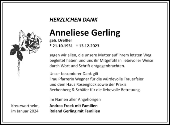 Traueranzeige von Anneliese Gerling von Fränkische Nachrichten