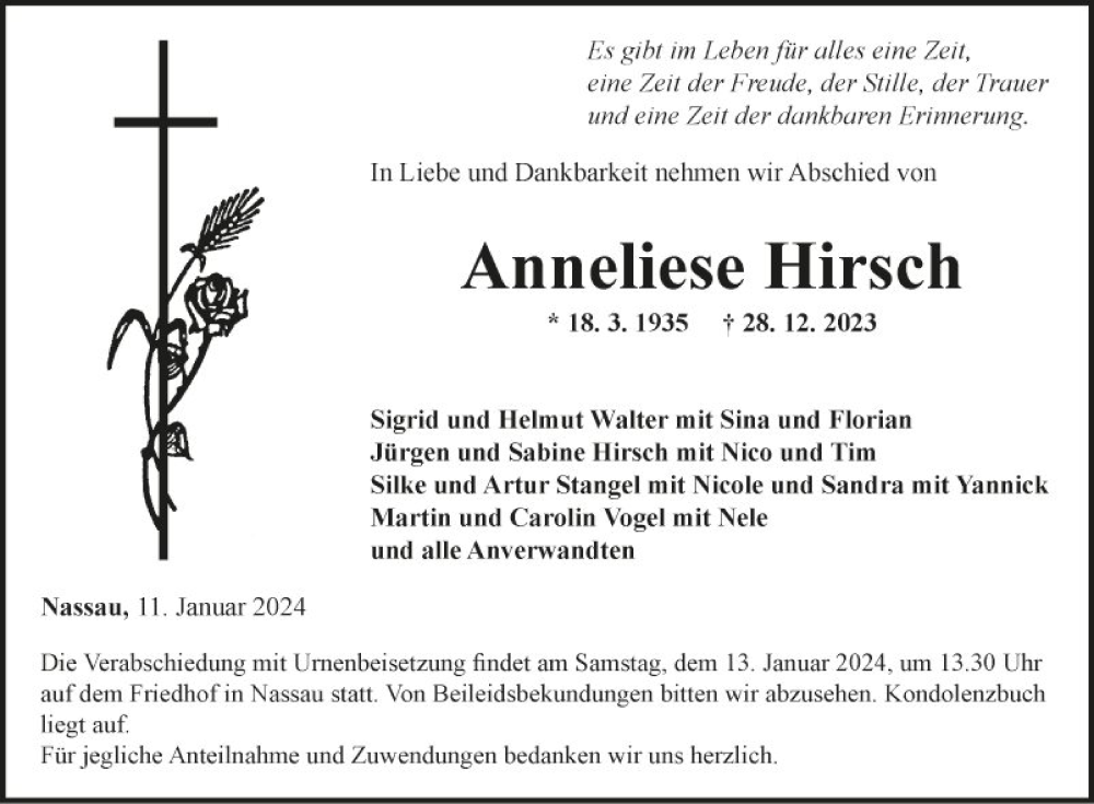  Traueranzeige für Anneliese Hirsch vom 11.01.2024 aus Fränkische Nachrichten