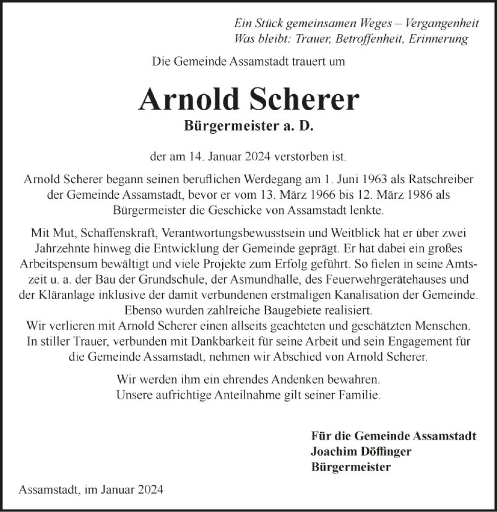  Traueranzeige für Arnold Scherer vom 23.01.2024 aus Fränkische Nachrichten