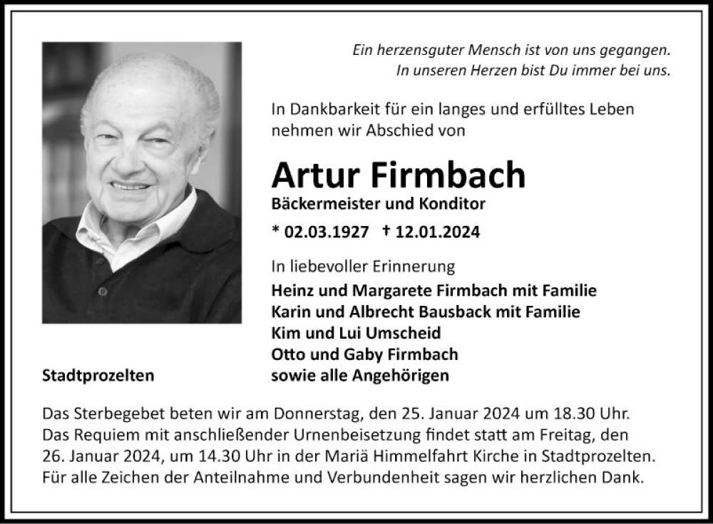  Traueranzeige für Artur Firmbach vom 20.01.2024 aus Fränkische Nachrichten
