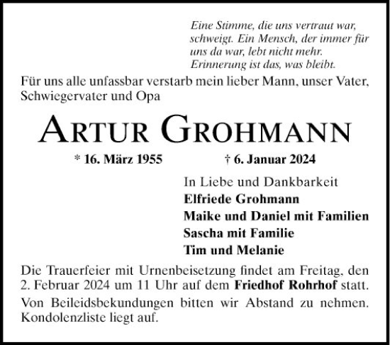 Traueranzeige von Artur Grohmann von Mannheimer Morgen