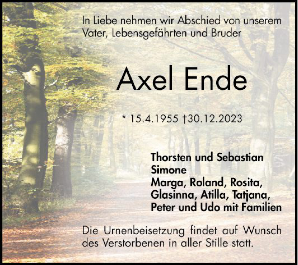  Traueranzeige für Axel Ende vom 05.01.2024 aus Mannheimer Morgen