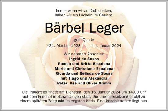 Traueranzeige von Bärbel Leger von Schwetzinger Zeitung