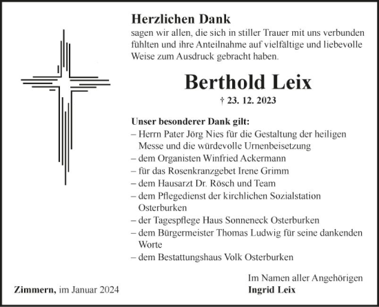 Traueranzeige von Berthold Leix von Fränkische Nachrichten