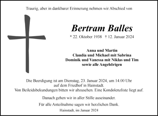 Traueranzeige von Bertram Balles von Fränkische Nachrichten