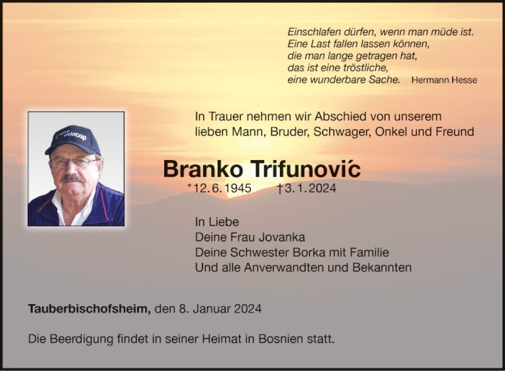  Traueranzeige für Branko Trifunovic vom 08.01.2024 aus Fränkische Nachrichten