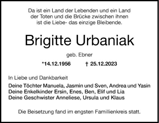 Traueranzeige von Brigitte Urbaniak von Mannheimer Morgen