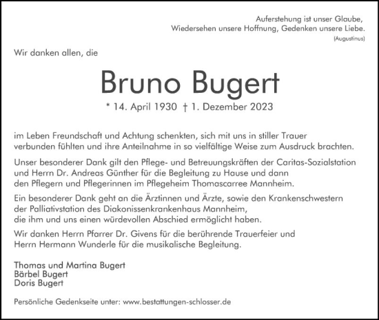 Traueranzeige von Bruno Bugert von Mannheimer Morgen