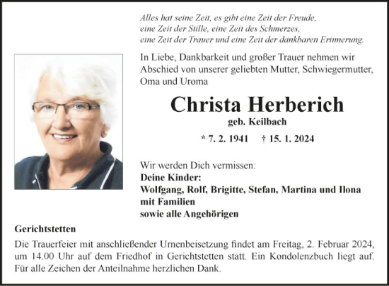 Traueranzeige von Christa Herberich von Fränkische Nachrichten