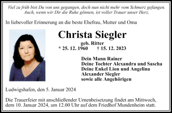 Traueranzeige von Christa Siegier von Mannheimer Morgen