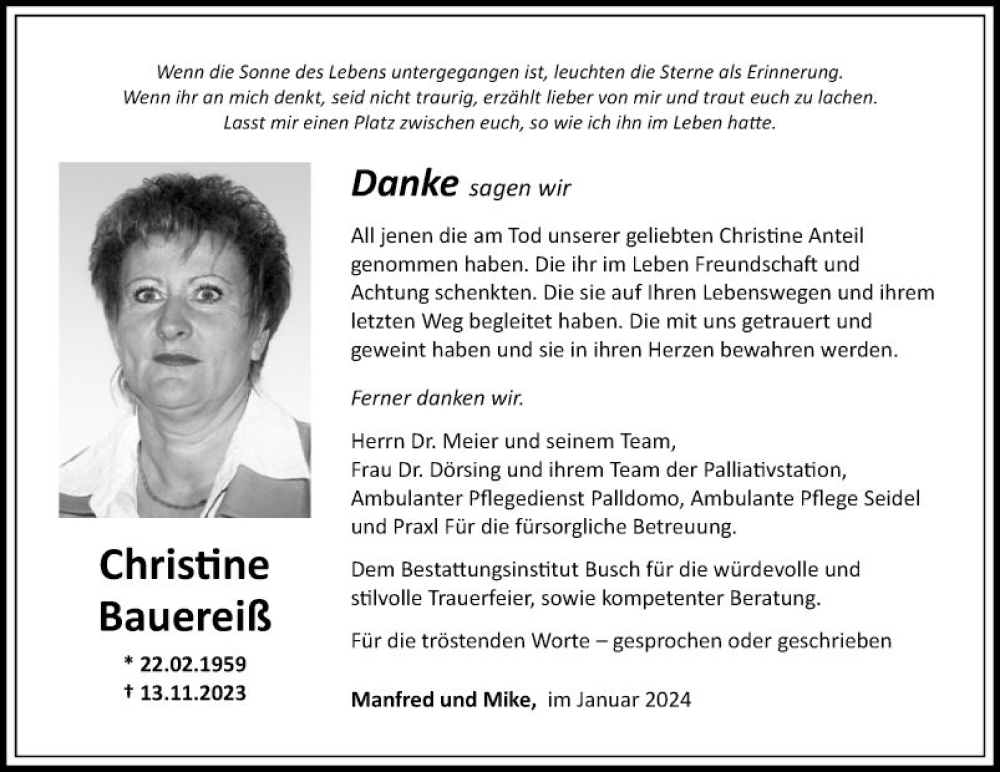  Traueranzeige für Christine Bauereiß vom 27.01.2024 aus Fränkische Nachrichten