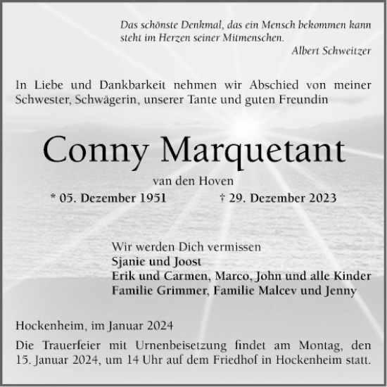 Traueranzeige von Conny Marquetant von Schwetzinger Zeitung