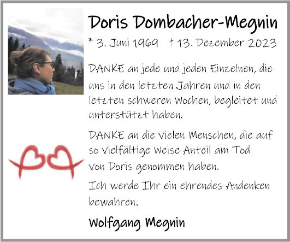  Traueranzeige für Doris Dombacher-Megnin vom 13.01.2024 aus Fränkische Nachrichten