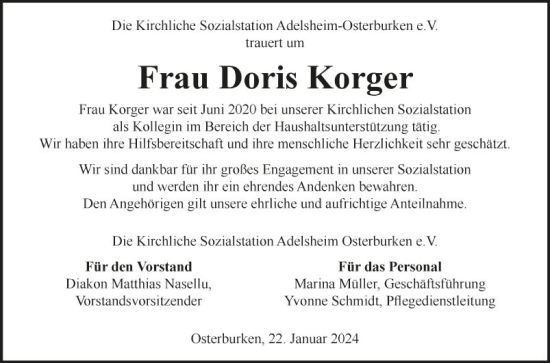 Traueranzeige von Doris Korger von Fränkische Nachrichten